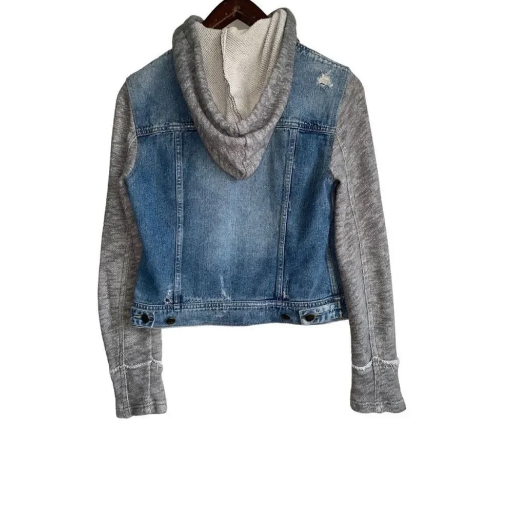 Free People Blue Denim Jacket with Gray Knit Sleeves - Picture 4 of 14